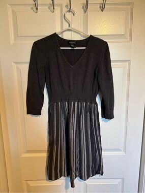 Spense Black Knit V-Neck Dress with Striped Skirt